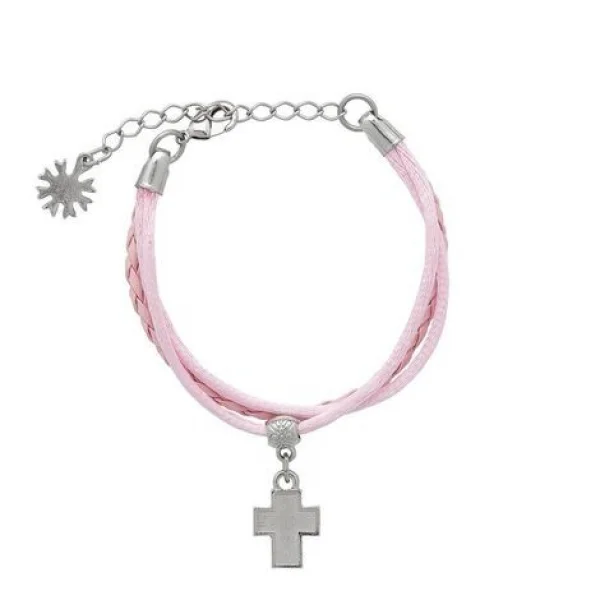 Pulseira Infantil com Cordões Rosa e Cruz em Resina