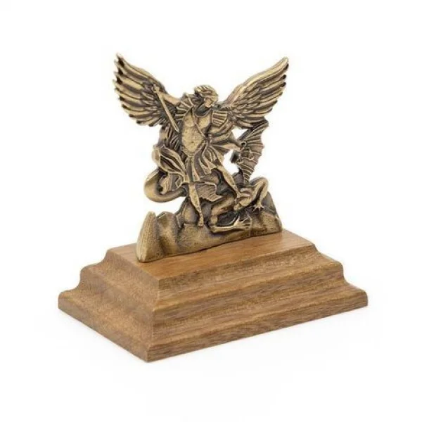 Imagem de São Miguel Arcanjo Pequena com Pedestal e Acabamento em Ouro Velho