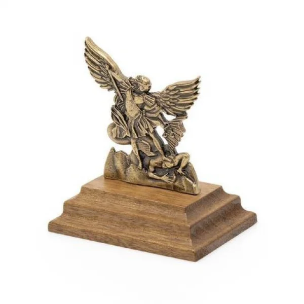 Imagem de São Miguel Arcanjo Pequena com Pedestal e Acabamento em Ouro Velho