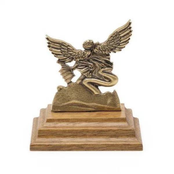Imagem de São Miguel Arcanjo Pequena com Pedestal e Acabamento em Ouro Velho