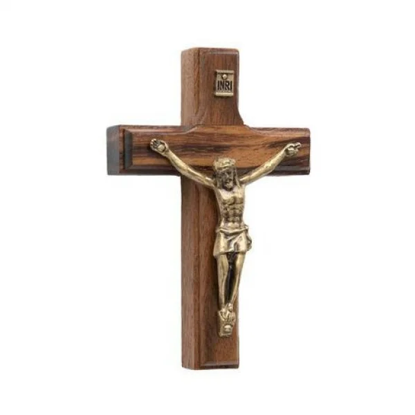 Crucifixo de Madeira Tradicional 7 cm para Parede com Detalhes em Ouro Velho