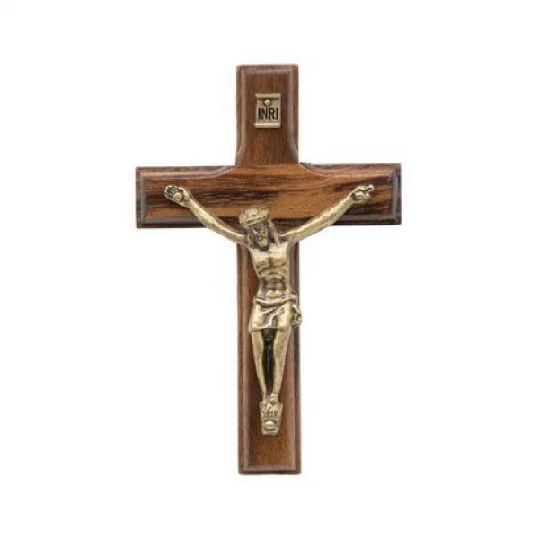 Crucifixo de Madeira Tradicional 7 cm para Parede com Detalhes em Ouro Velho