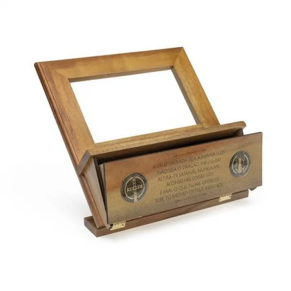 Suporte Porta B�blia Medalha De S�o Bento Com Gaveta Madeira Marrom-claro