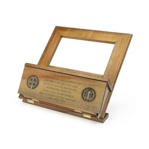 Suporte Porta Bíblia Medalha De São Bento Com Gaveta Madeira Marrom-claro