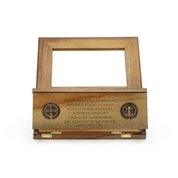 Suporte Porta Bíblia Medalha De São Bento Com Gaveta Madeira Marrom-claro