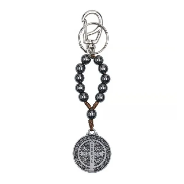 Chaveiro Dezena Hematita com Medalha de S�o Bento Onix