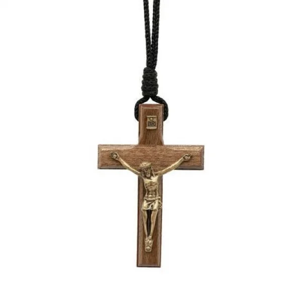 Colar Cruz Madeira com Coroinha 7 cm com Cordão em Ouro Velho