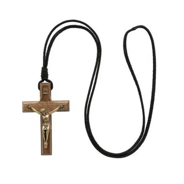 Colar Cruz Madeira com Coroinha 7 cm com Cordão em Ouro Velho