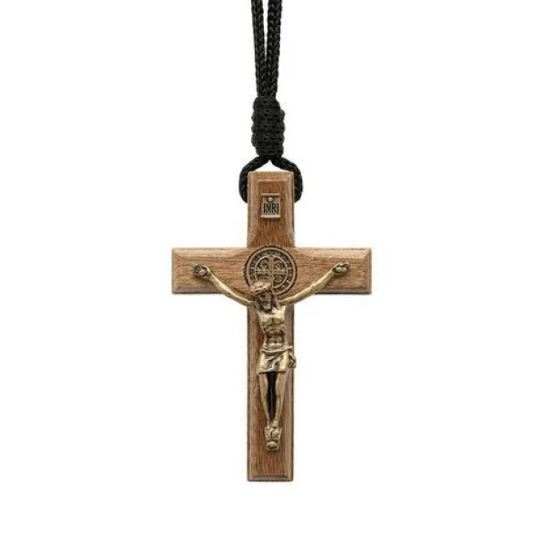 Colar Cord�o Cruz Crucifixo Coroinha S�o Bento Dourado 7 Cm