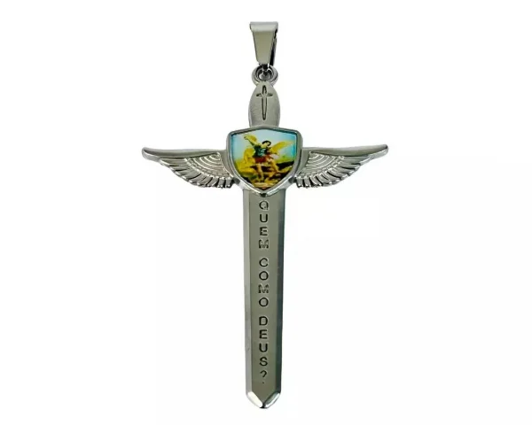 Pingente Espada de São Miguel Arcanjo – Aço Inox 316L Prateado
