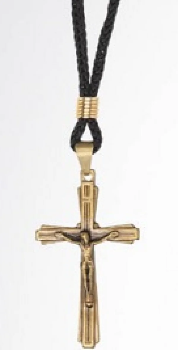 Colar Cruz Listrada 4,4 cm em Ouro Velho com Cord�o