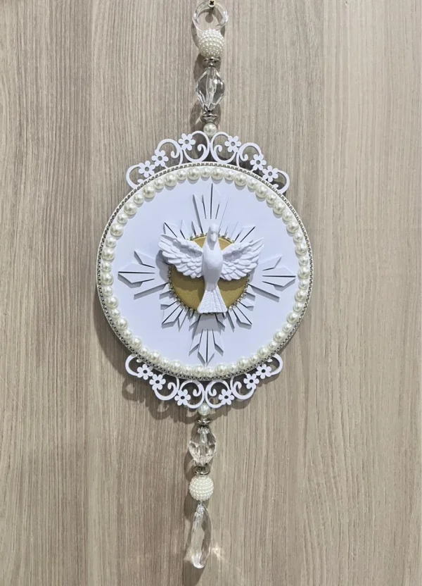Placa Espírito Santo Redonda Com Detalhe De Pombo Em Resina