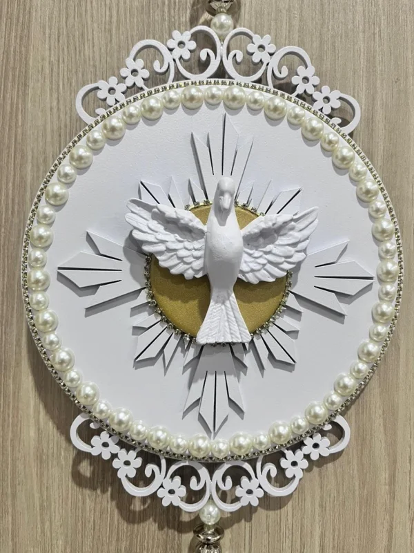 Placa Espírito Santo Redonda Com Detalhe De Pombo Em Resina