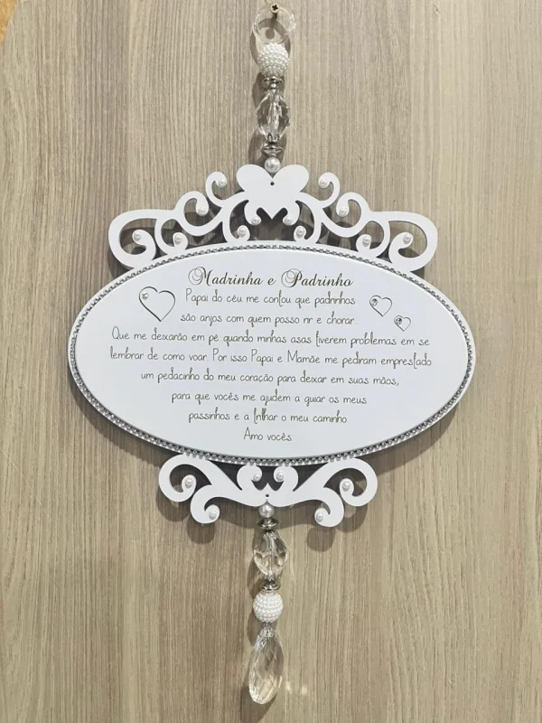 Placa Oval com Detalhes em Arabesco e Pérolas Madrinha e Padrinho 22,5 x 25 cm
