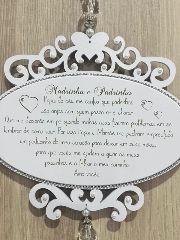 Placa Oval com Detalhes em Arabesco e Pérolas Madrinha e Padrinho 22,5 x 25 cm