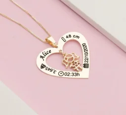 Colar Corao com Dados do Nascimento - Um Amor Gravado para Sempre - Banhado a Prata