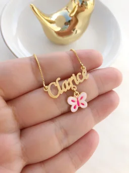 Colar Nome com borboleta Branca e rosa - personalizado - Banhado a Ouro