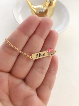 Pulseira Infantil com nome e ursinha - personalizada - Banhada a Ouro