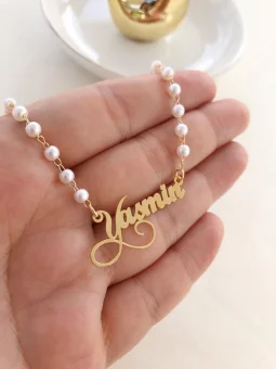 Pulseira Infantil com Nome Personalizado e Prolas - Banhado a Prata
