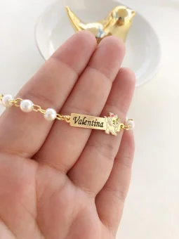 Pulseira Infantil com prola e gatinha -personalizada - Banhada a Prata