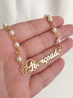 Colar de corrente com prola com pingente personalizado - Abenoada