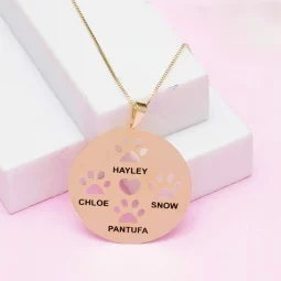 Colar com plaquinha redonda e personalizado com corao, patinhas e nomes dos Pets - Banhado a Ouro.