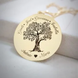 Colar com plaquinha redonda com rvore Genealgica personalizada com pais e filhos - banhado a Prata.
