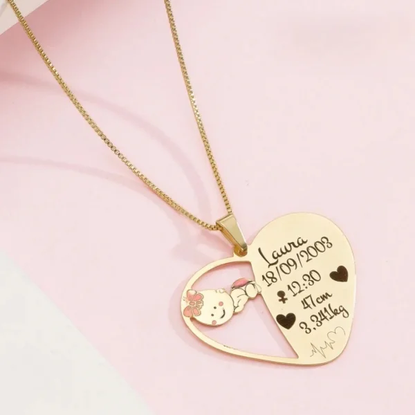 Colar Coração Personalizado com Dados do Bebê - Banhado a Prata