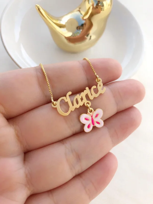 Colar Nome com borboleta Branca e rosa - personalizado - Banhado a Ouro