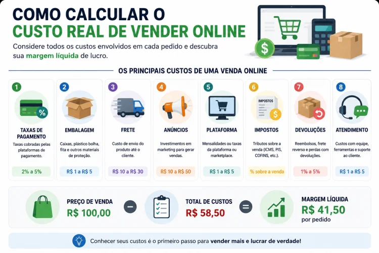 Descubra o Custo de Vender Online: Taxas, Frete, An�ncios e Margem L�quida por Pedido