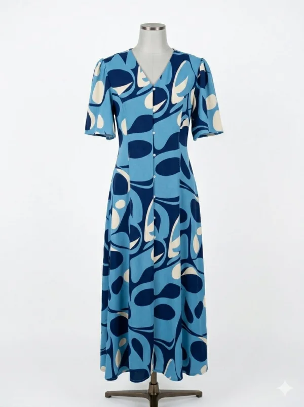 Vestido Midi Estampado Retr� - Azul e Off-White  G1.jpeg