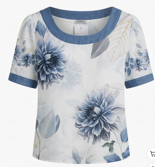 Blusa Floral Acetinada com Detalhes em Azul Denim.png
