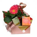 kit gerbera, cubo, tablete e balao.