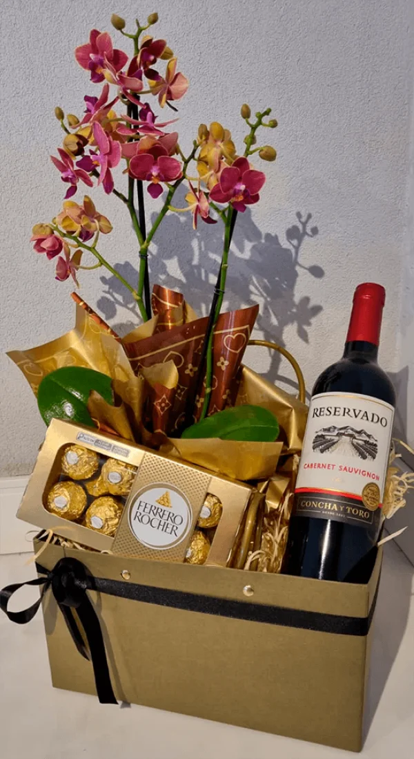 Caixa mini orqudeas, Ferrero Rocher e Vinho Chileno
