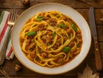 Macarrão Ragu de Linguiça, Limão Siciliano e Manjericão