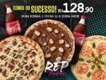 2 Pizzas Média 30cm, dois sabores por pizza + pizza doce + 2 Coca Colas 1 litro!