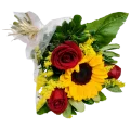 Arranjo com 3 botes de rosas e 1 girassol