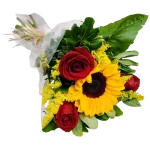Arranjo com 3 botes de rosas e 1 girassol