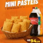 100 mini pasteis , 34 pizza ,34 carne e 34 queijo + refrigerante de 2 litros .