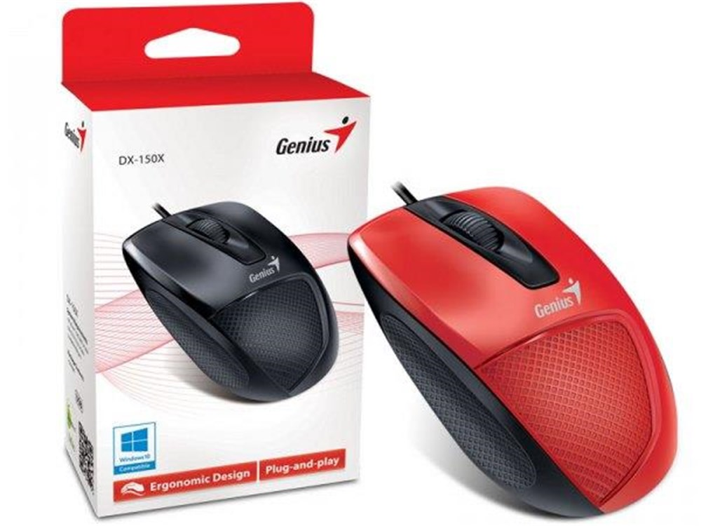 Mouse Genius DX-150X Ergonomico Vermelho (USB / 1000 DPI / 3 Botoes / Cabo 1,5m)