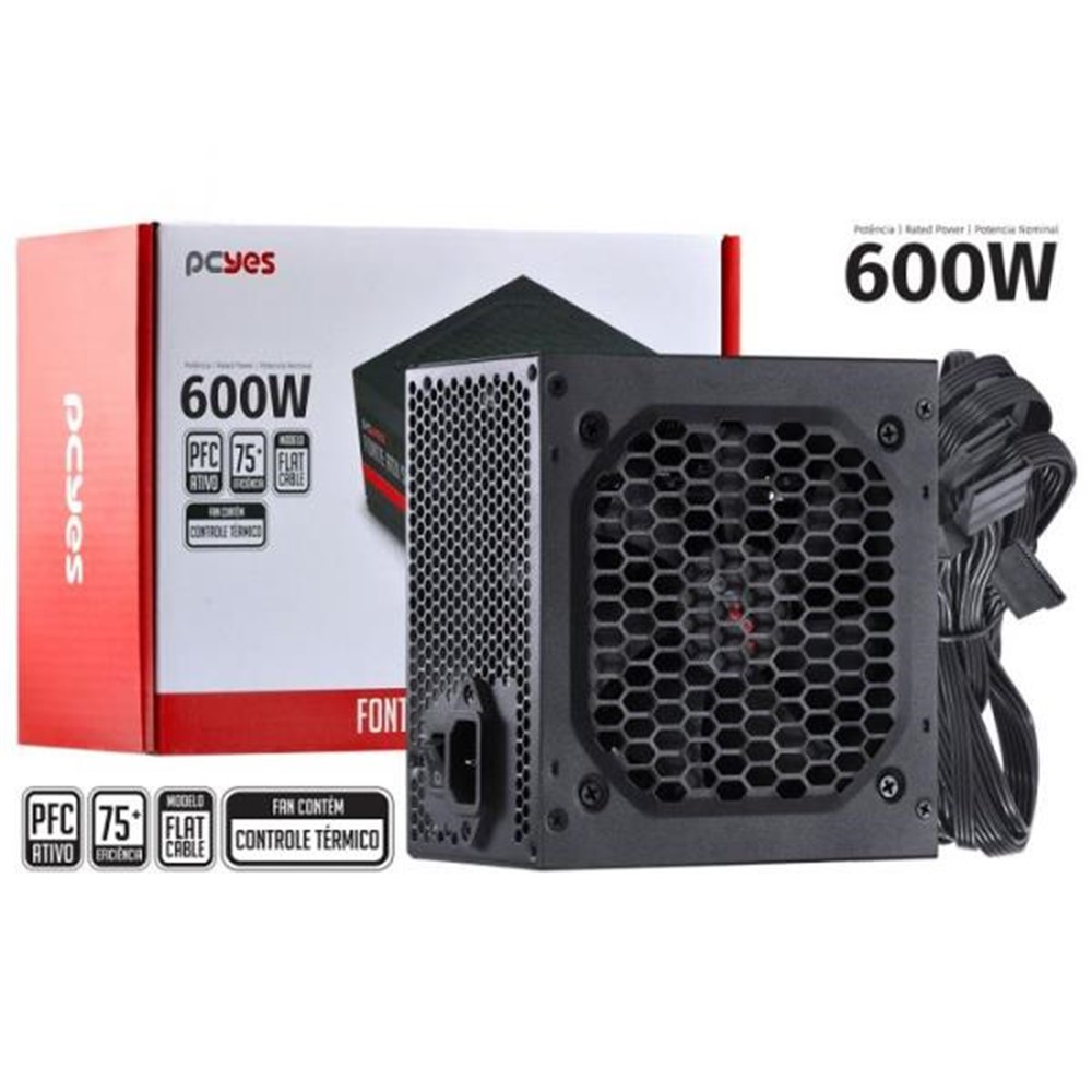 Fonte ATX 600W PcYes SPARK PFC Ativo  Cabos Flat PXSP600WPT