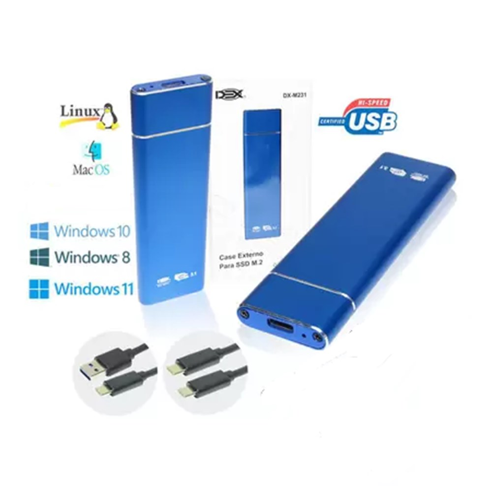 HD SSD Externo Portatil de 1TB Usb 3.1 M.2 Duex Case Azul, Preto e Prata