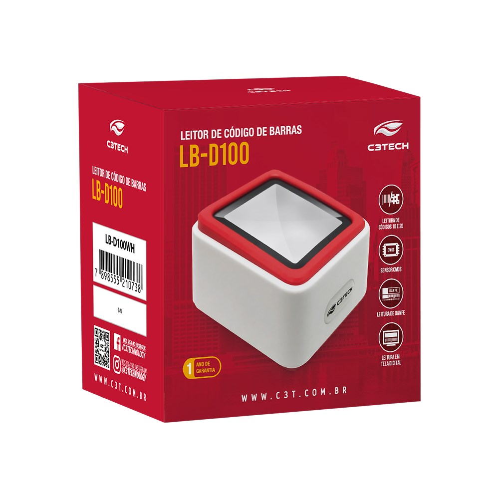 Leitor de Cdigo de Barras 1D/2D USB LB-D100WH C3Tech