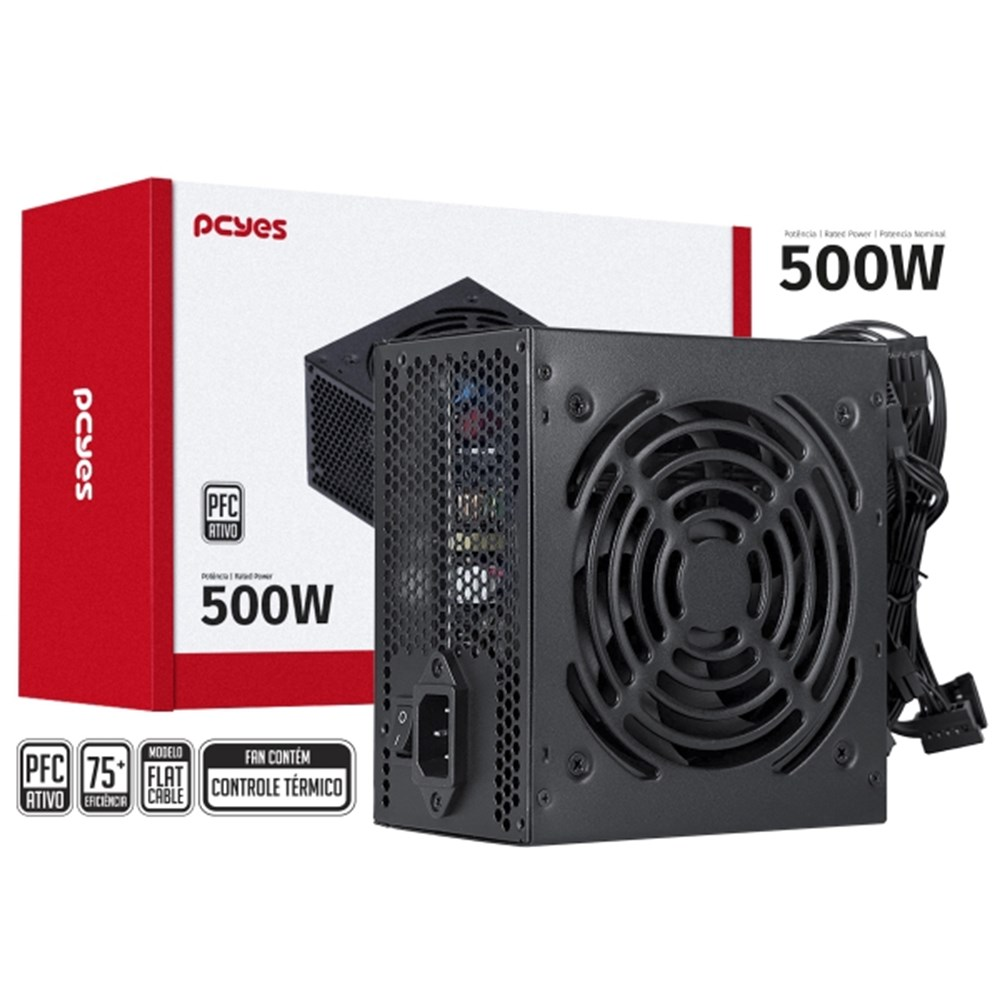 Fonte ATX 500W PcYes SPARK 75+ PFC Ativo  Cabos Flat PXSP500WPT