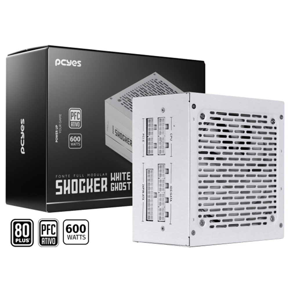 Fonte ATX 600W Pcyes Shocker Full Modular 600W 80 Plus White - White Ghost - Fm600Wwg