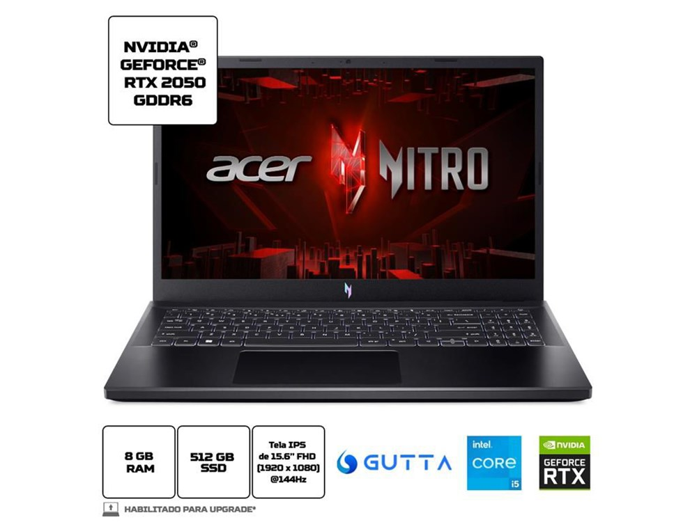 Notebook Gamer Acer Nitro V15 15.6 FHD 144HZ I5-13420H SSD 512gb 8GB DDR5 RTX 2050 4gb WIN11 + Office 2021 Anv15-51-50kd - Nh.Q