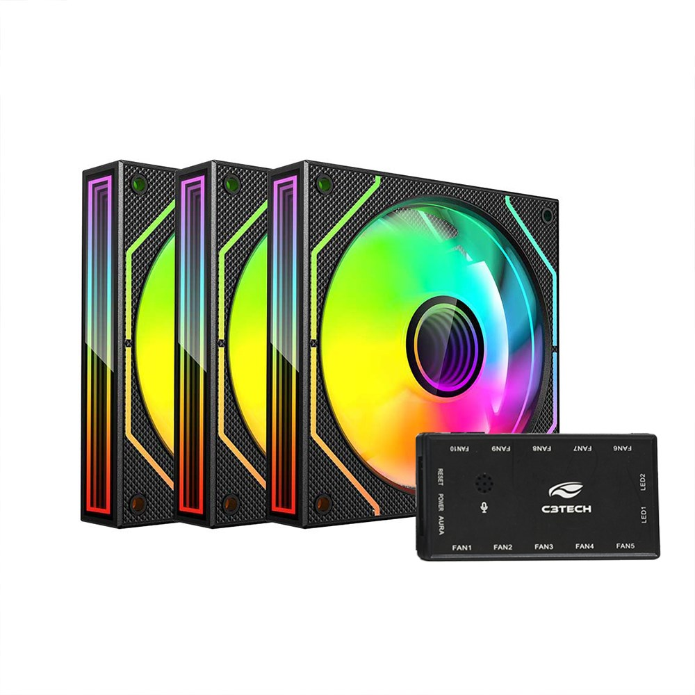 Cooler 120x120 com Controlador + KIT 3 Fan F9-L650BK RGB C3Tech Gaming