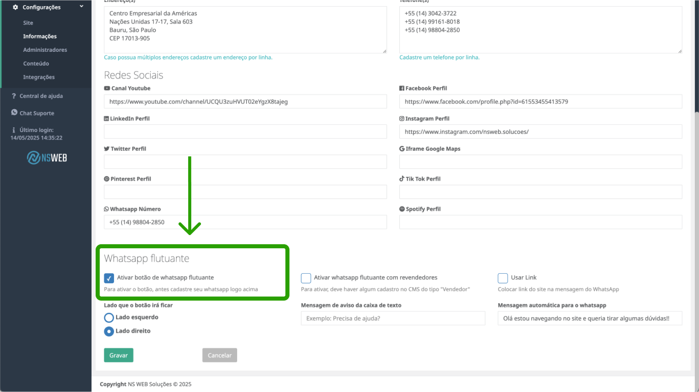 Abaixo estaro as opes do whatsapp flutuante