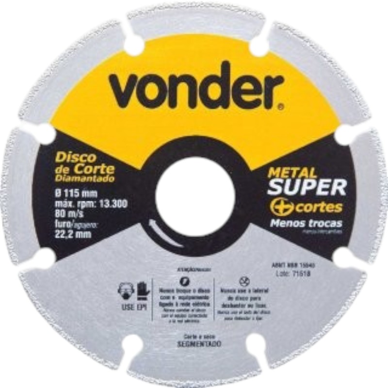 Disco de corte diamantado, segmentado, para metais, metal super, 115 mm, Vonder