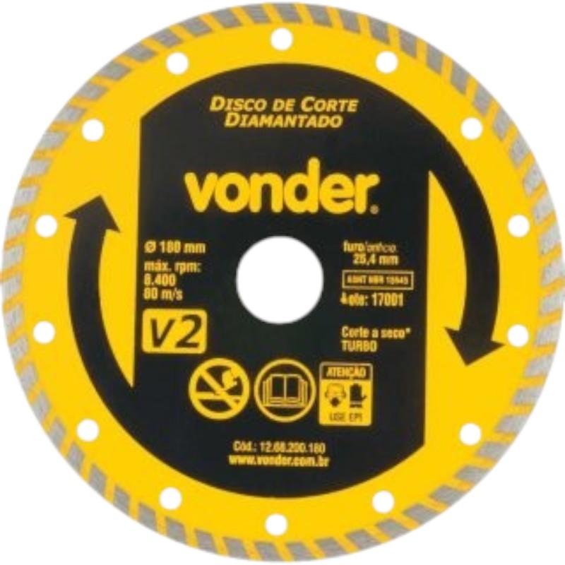 Disco de corte diamantado, 180 mm, turbo, V2, Vonder